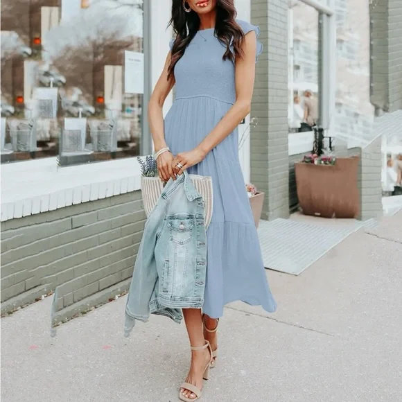 ESCACO | Dresses | Escaco Womens Large Light Blue Summer Dress Smocked  Elastic Waist Tiered Midi | Poshmark